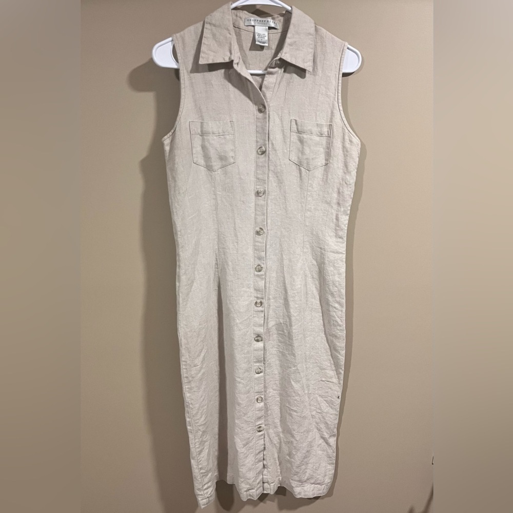 Vintage GEOFFREY BEENE SPORT Beige 100% Linen Collared Maxi Shirt Dress Size 4‎